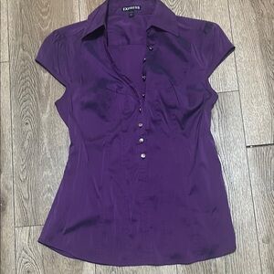 Express Purple Cap-Sleeve Button Front Blouse